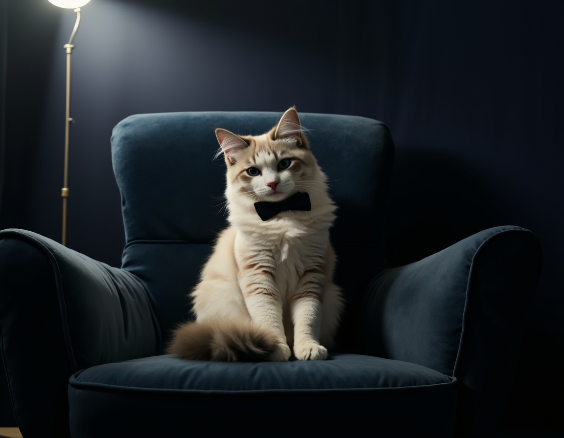 Photorealistic image of cat posed on a luxurious velvet chair in a studio. The backdrop is a deep navy blue with soft spotlighting that highlights the cat's fur and a sleek black bowtie, giving the scene a sophisticated, formal atmosphere.